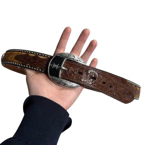 Mens Western Genuine Leather Hair-on Cowhide Belt Silver Buckle Cross - Picture 4 of 10